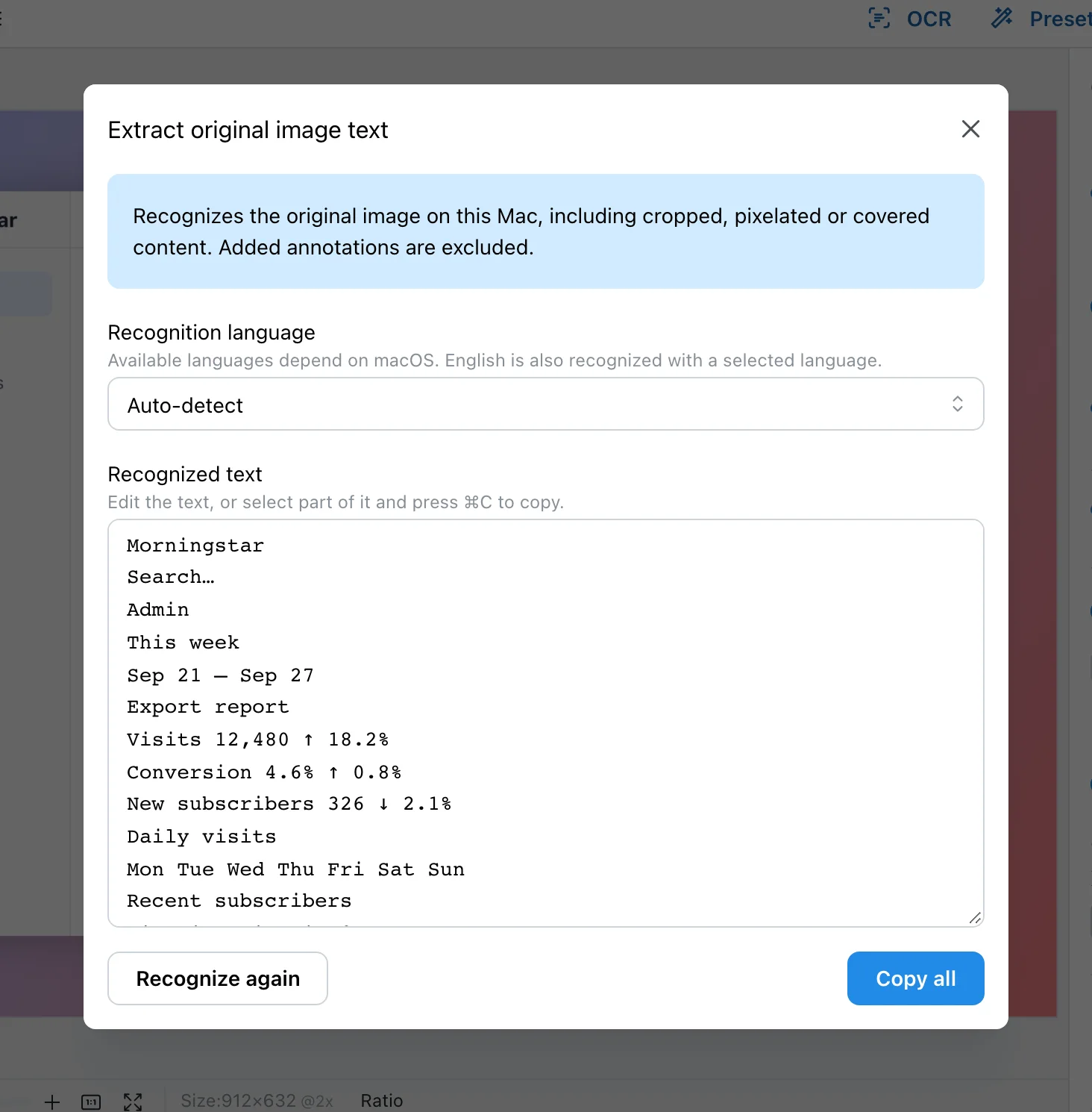 The text extraction dialog in the Tuji editor, showing recognized text that can be edited and copied